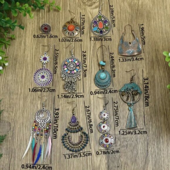 11 Pairs Multicolor Boho Tribal Geometric Earrings - Picture 2 of 12